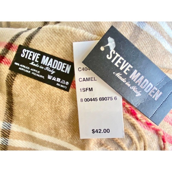 New Steve Madden Made in Italy Camel Beige & Red Super Soft Plaid Scarf - Picture 4 of 6